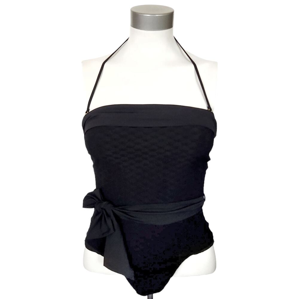 AMAIO Solene belted jacquard maillot one piece textured black luxe swimsuit Sz S